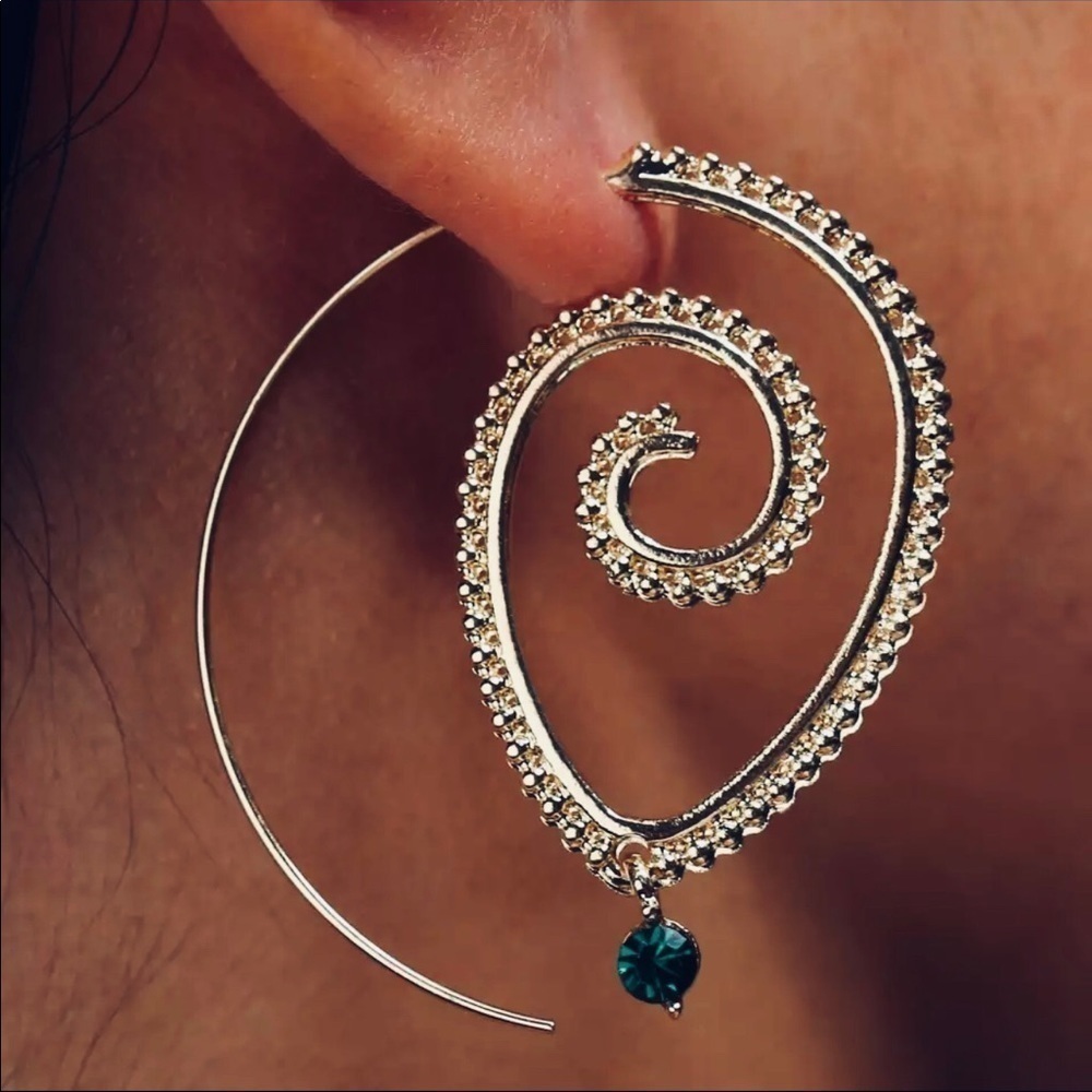 NEW Boho Silver Swirl Hoop Earrings Green Crystal